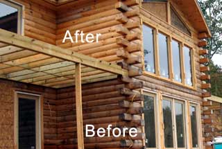 Log home cleaning and restoration. This log home shows sections before and after soda cleaning
