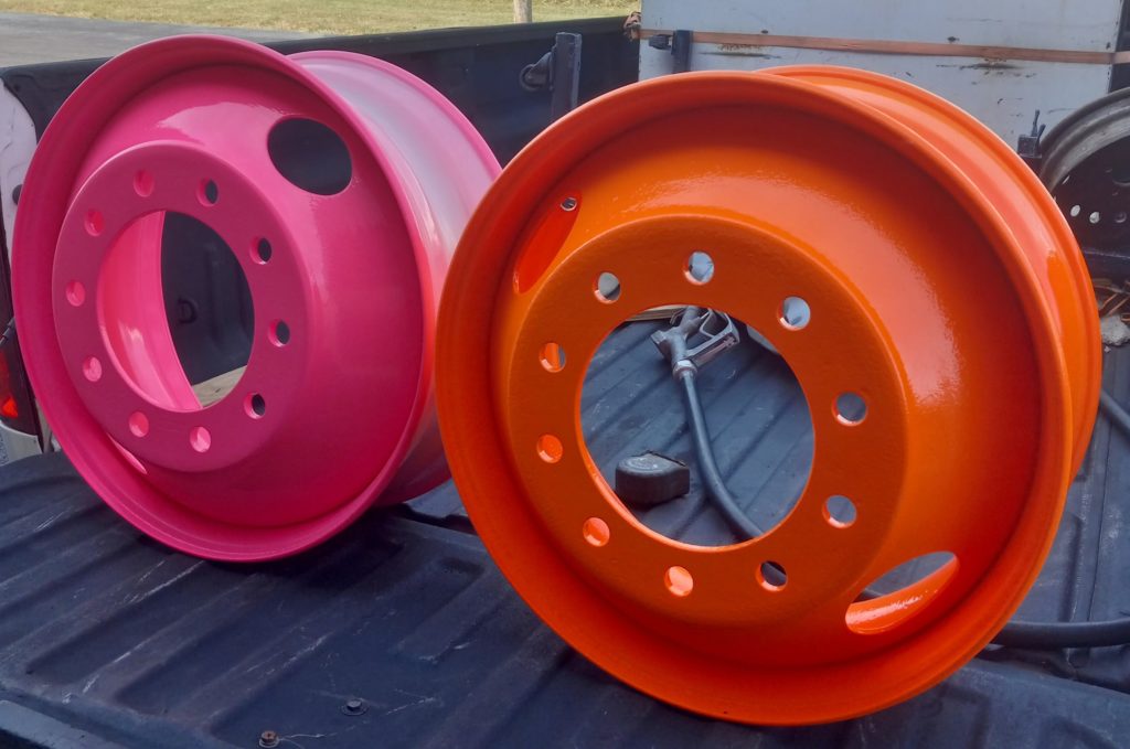 Powder coating. Wheel rims after stripping and powder coating. 