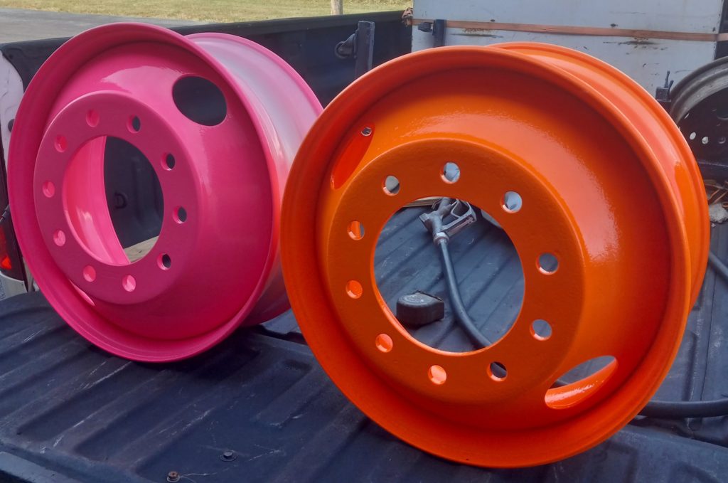 Media blasting & powder coating. These wheel rims were powder coated in our Newark, Ohio shop. 